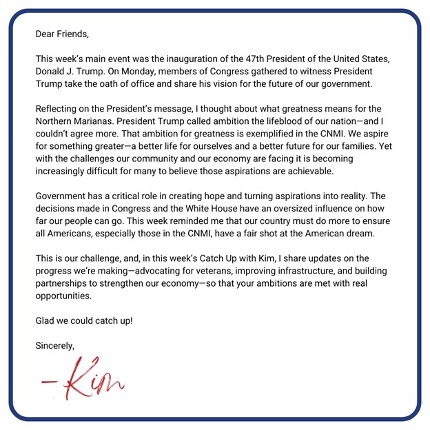 Catch Up with Kim -- January 24, 2025 -- Letter from the Congresswoman