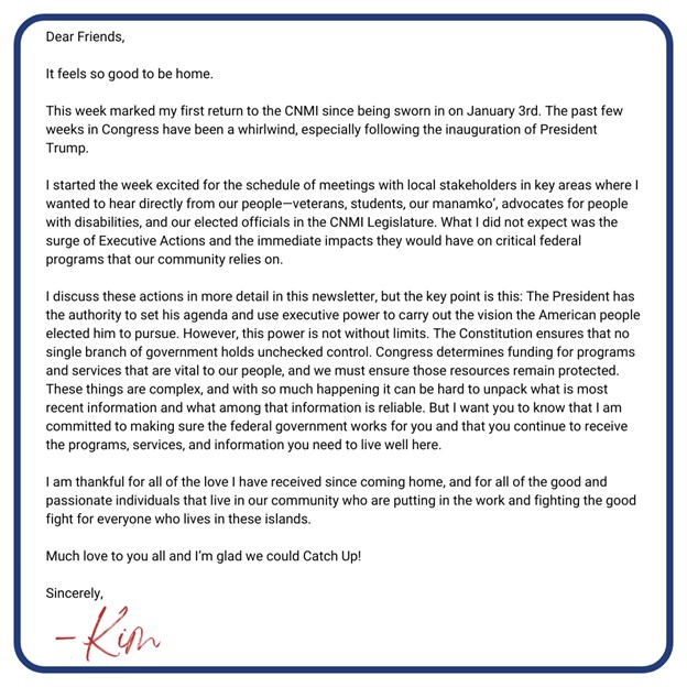  Catch Up with Kim -- January 31, 2025 -- Letter from the Congresswoman